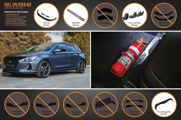 FLOW Designs  i30 Hatch PD1, PD2 2018-2020 Full Lip Splitter Set with Flow-Lock Rear Diffuser - MODE Auto Concepts