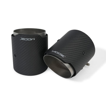 MODE Design 3.75" (95mm) Carbon Angle Cut Clamp-On Exhaust Tips for BMW 535i F10 F11 640i F06 F12 F13 320i 330i 330e G20 G21 inc. xDrive & Diesel - MODE Auto Concepts