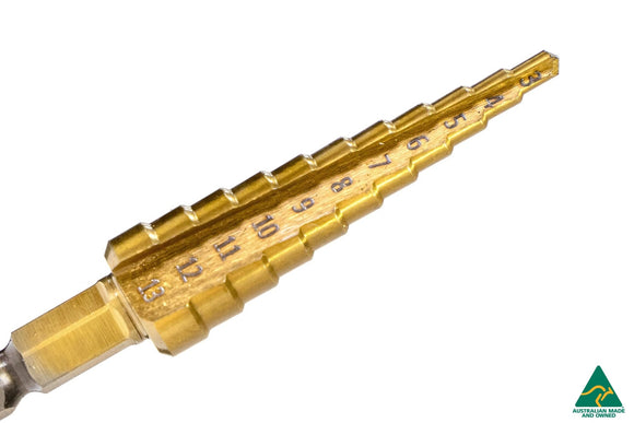 FLOW Designs  Metric Step Drill Bit : HSS Titanium Coated 3mm – 13mm - MODE Auto Concepts