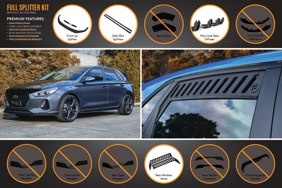 FLOW Designs  i30 Hatch PD1, PD2 2018-2020 Full Lip Splitter Set with Flow-Lock Rear Diffuser - MODE Auto Concepts