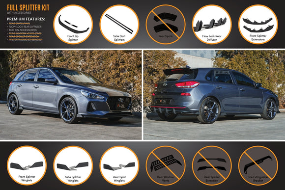 FLOW Designs  i30 Hatch PD1, PD2 2018-2020 Full Lip Splitter Set with Flow-Lock Rear Diffuser - MODE Auto Concepts
