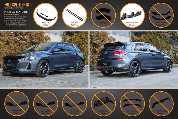 FLOW Designs  i30 Hatch PD1, PD2 2018-2020 Full Lip Splitter Set with Flow-Lock Rear Diffuser - MODE Auto Concepts