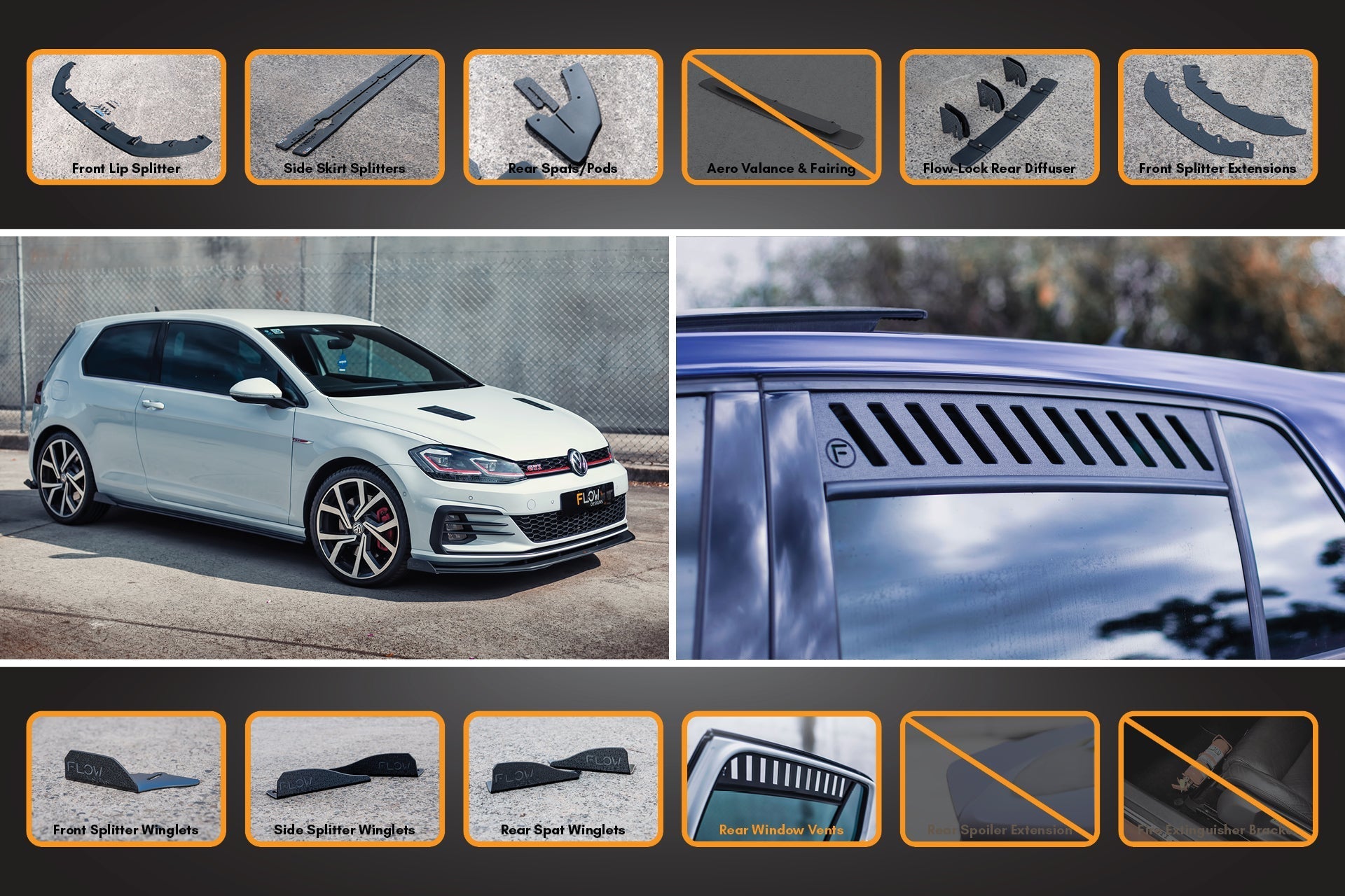 FLOW Designs  MK7.5 Golf GTI Full Lip Splitter Set with Flow-Lock Rear Diffuser