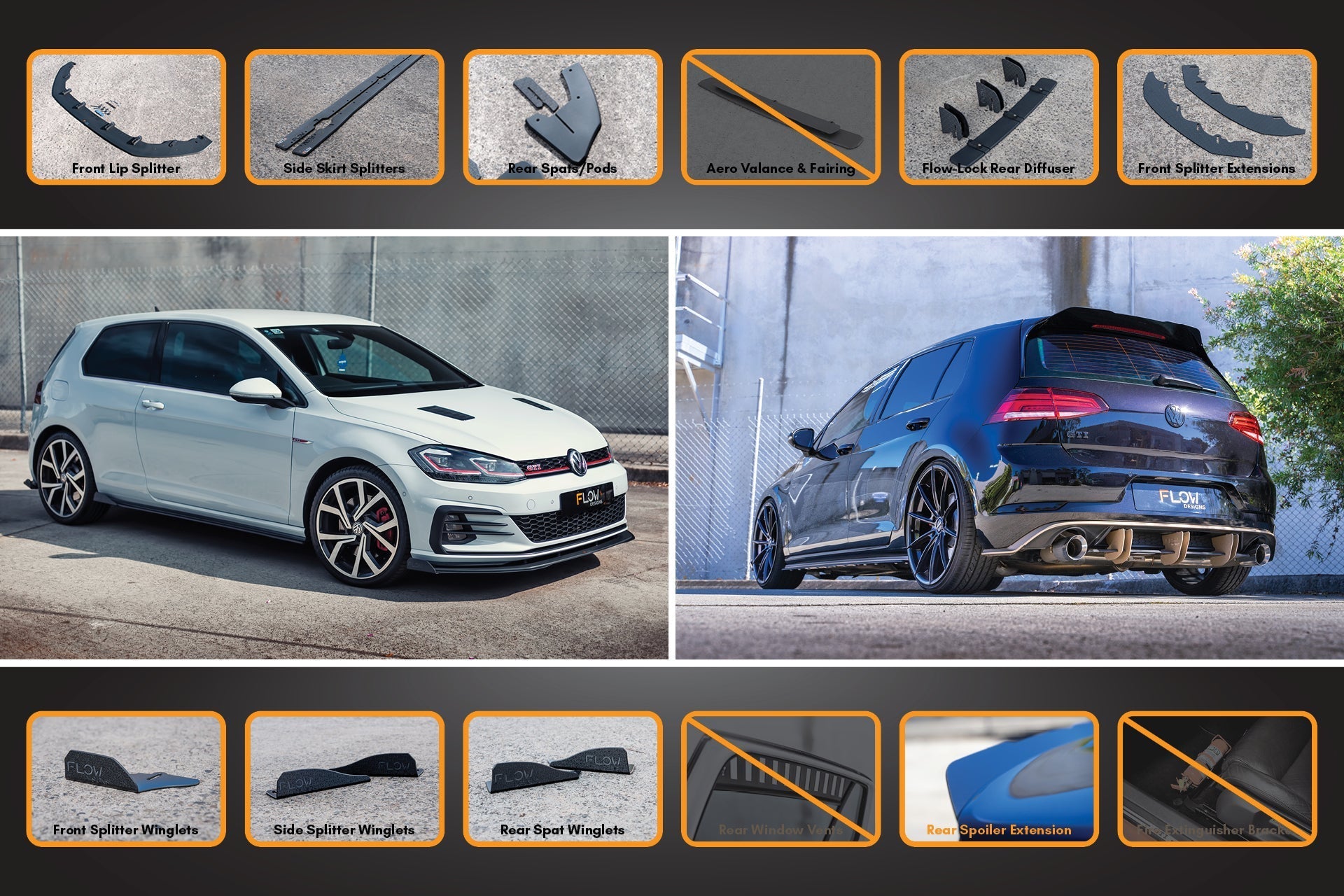 FLOW Designs  MK7.5 Golf GTI Full Lip Splitter Set with Flow-Lock Rear Diffuser