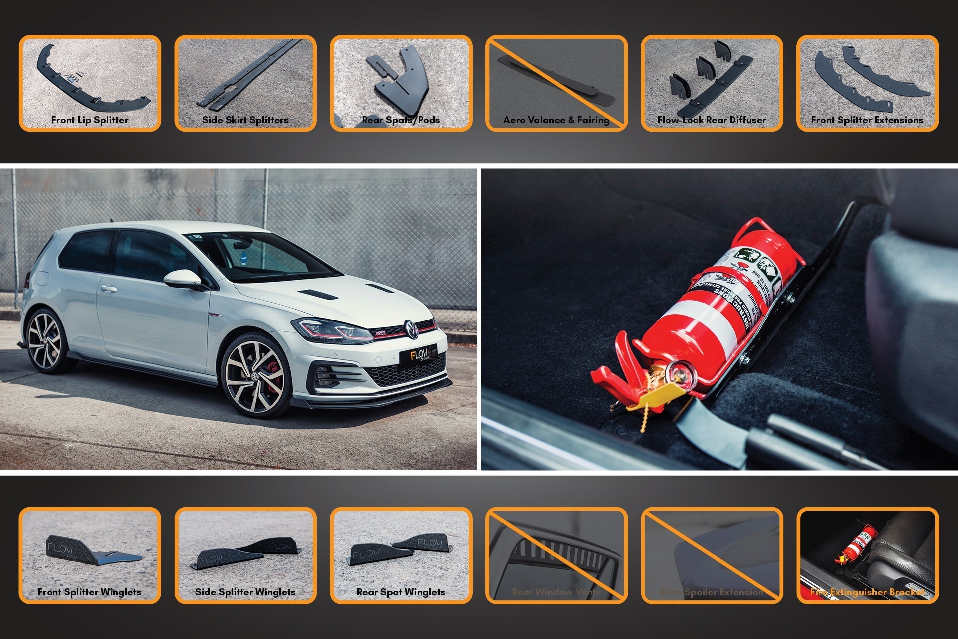 FLOW Designs  MK7.5 Golf GTI Full Lip Splitter Set with Flow-Lock Rear Diffuser