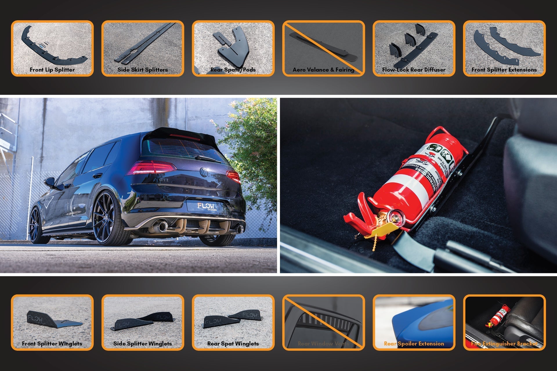 FLOW Designs  MK7.5 Golf GTI Full Lip Splitter Set with Flow-Lock Rear Diffuser