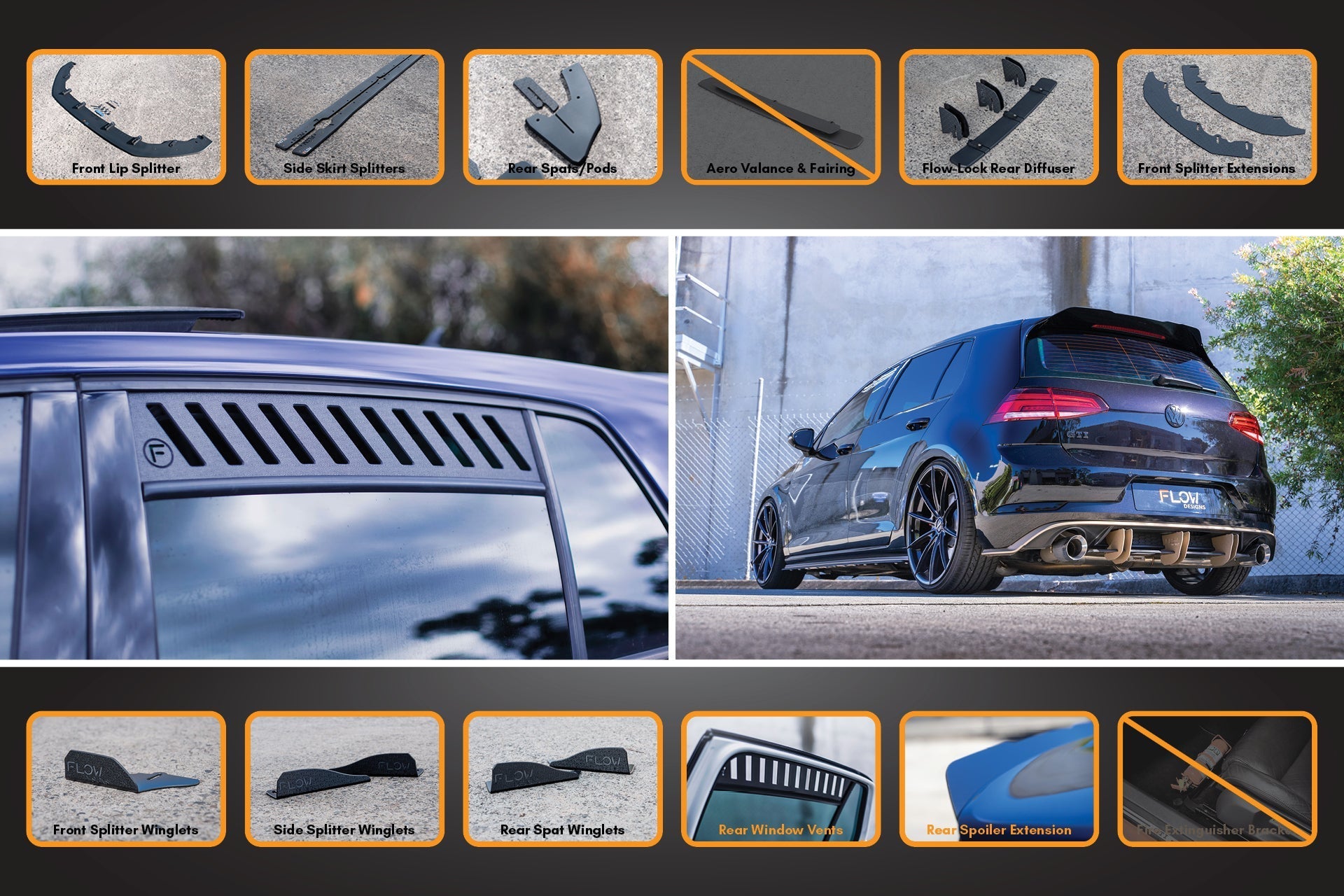 FLOW Designs  MK7.5 Golf GTI Full Lip Splitter Set with Flow-Lock Rear Diffuser