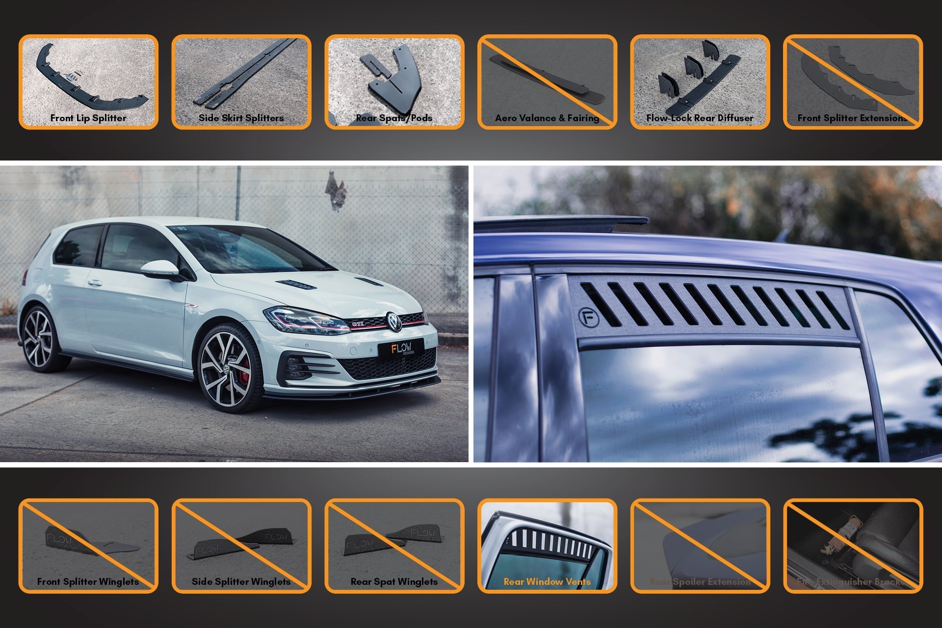 FLOW Designs  MK7.5 Golf GTI Full Lip Splitter Set with Flow-Lock Rear Diffuser