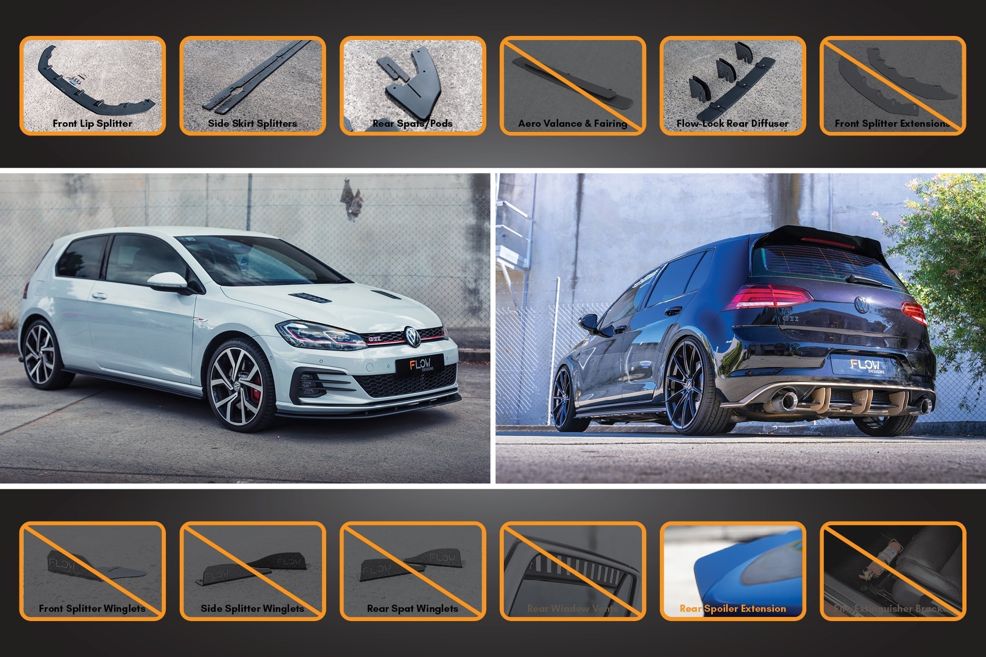 FLOW Designs  MK7.5 Golf GTI Full Lip Splitter Set with Flow-Lock Rear Diffuser