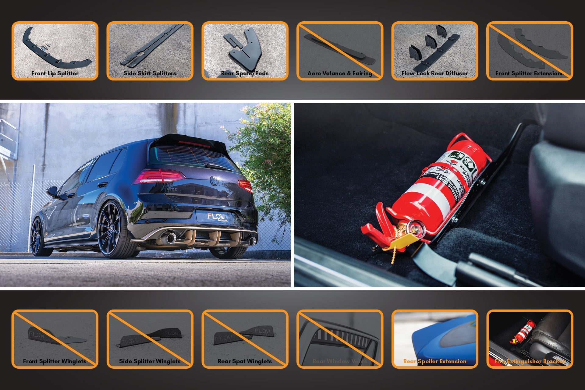FLOW Designs  MK7.5 Golf GTI Full Lip Splitter Set with Flow-Lock Rear Diffuser