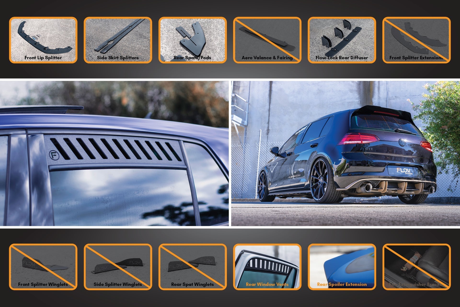 FLOW Designs  MK7.5 Golf GTI Full Lip Splitter Set with Flow-Lock Rear Diffuser