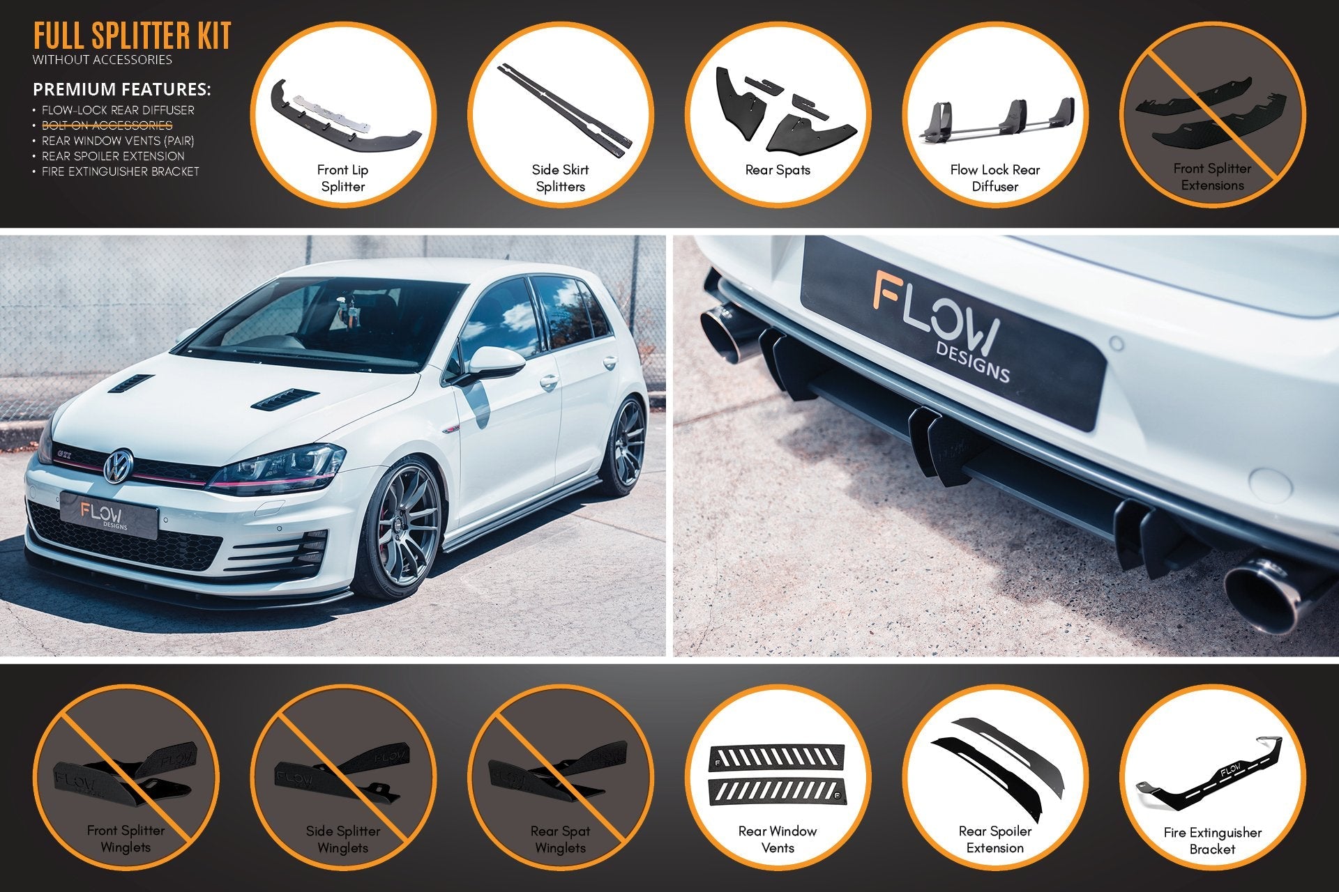 FLOW Designs  MK7 Golf GTI Full Lip Splitter Set with Flow-Lock Rear Diffuser - MODE Auto Concepts