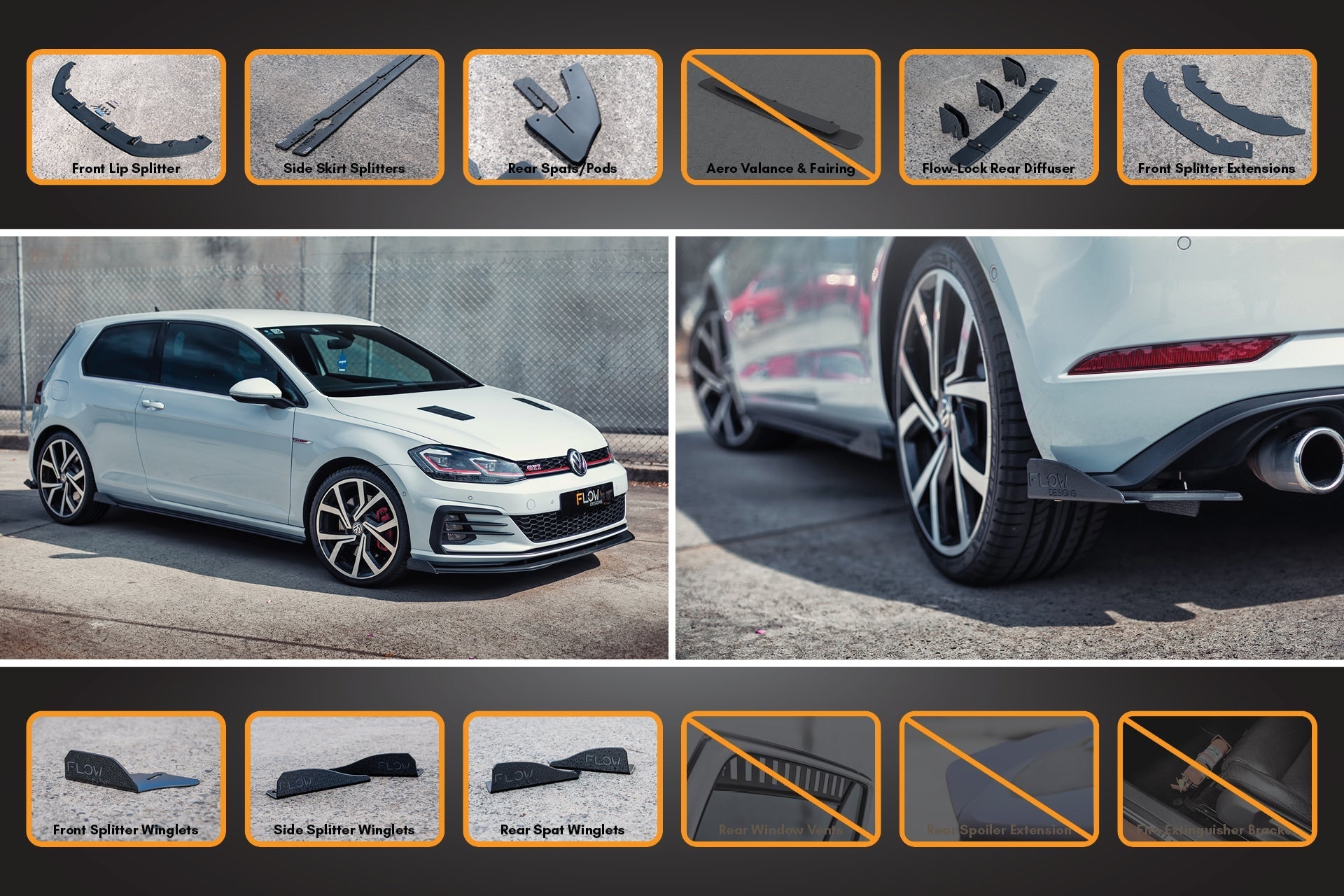 FLOW Designs  MK7.5 Golf GTI Full Lip Splitter Set with Flow-Lock Rear Diffuser