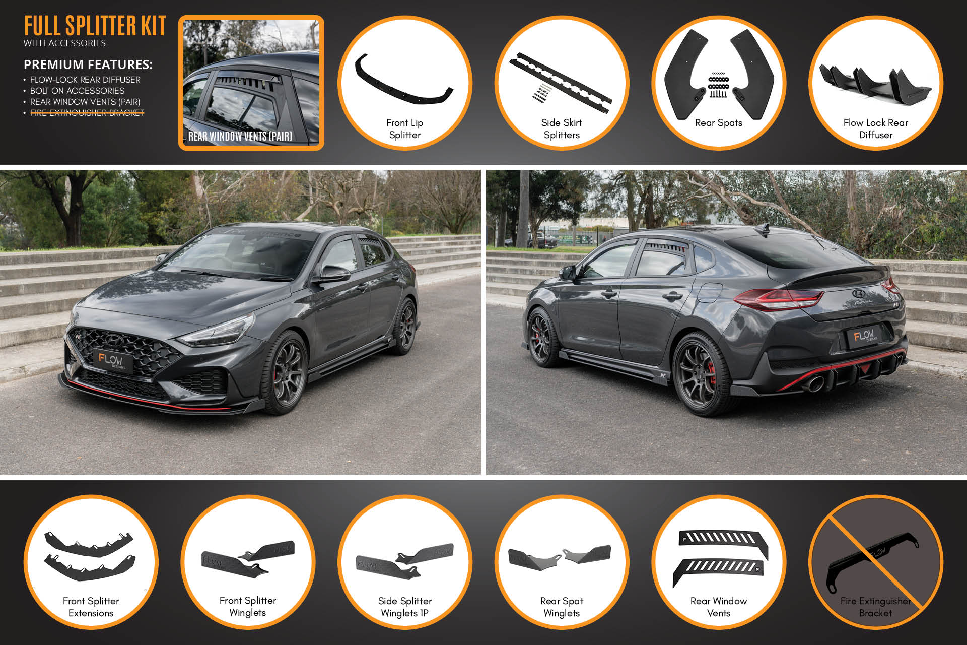 FLOW Designs  i30N Fastback PD FL 2022+ Full Lip Splitter Set - MODE Auto Concepts