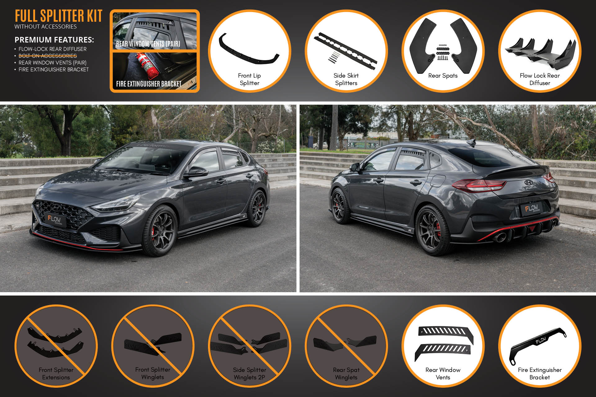 FLOW Designs  i30N Fastback PD FL 2022+ Full Lip Splitter Set - MODE Auto Concepts