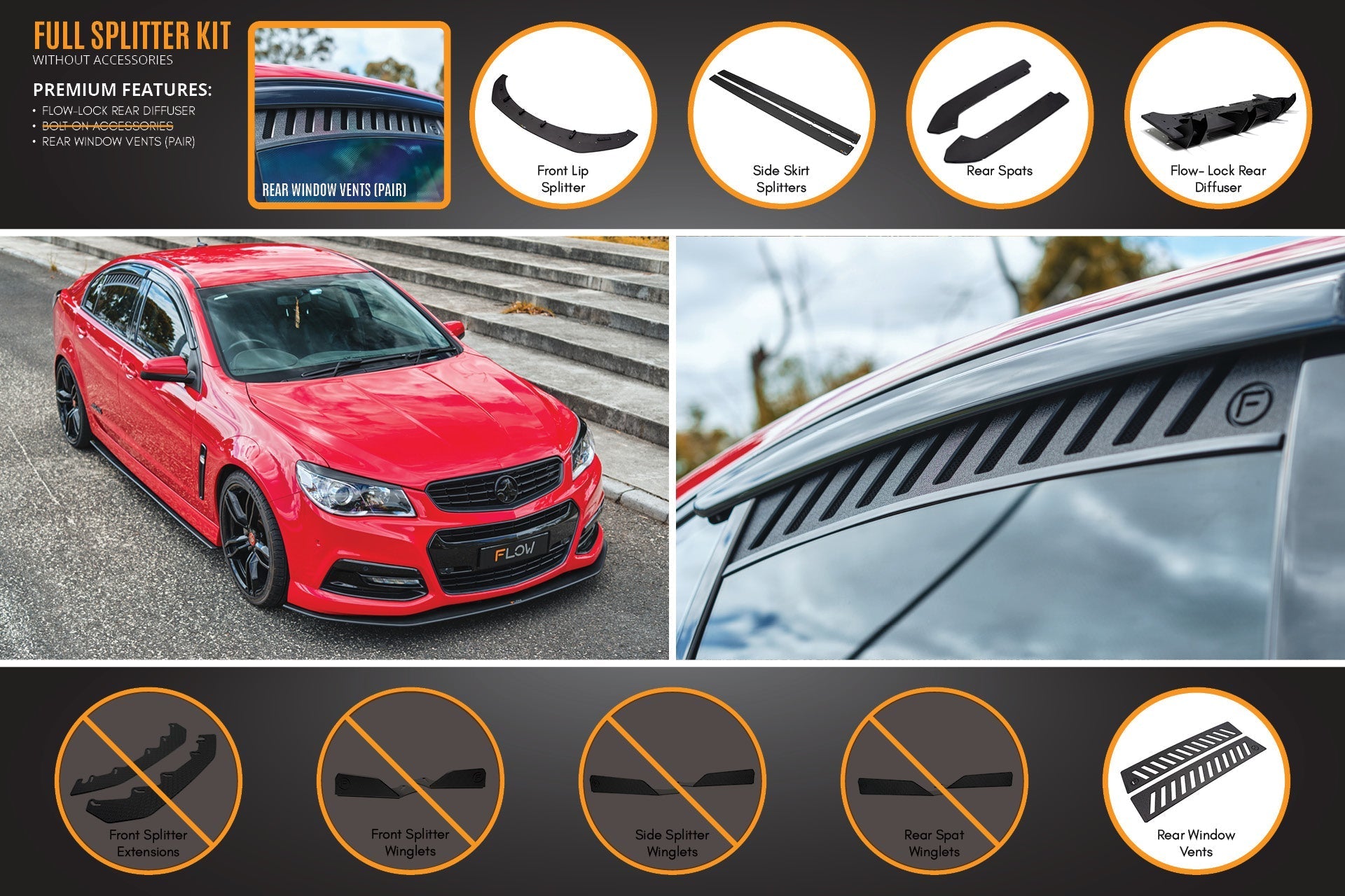 FLOW Designs  VF Commodore S1 Sedan Full Lip Splitter Set - MODE Auto Concepts