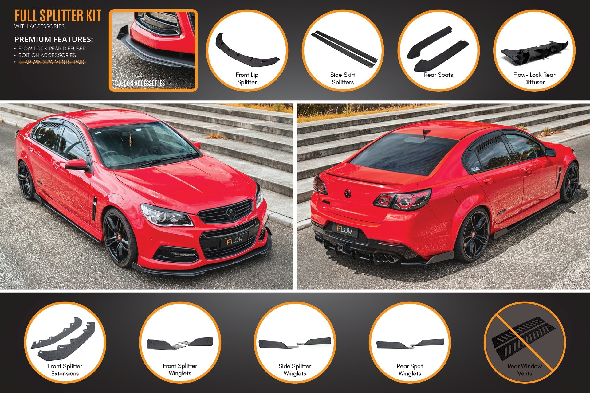 FLOW Designs  VF Commodore S1 Sedan Full Lip Splitter Set - MODE Auto Concepts