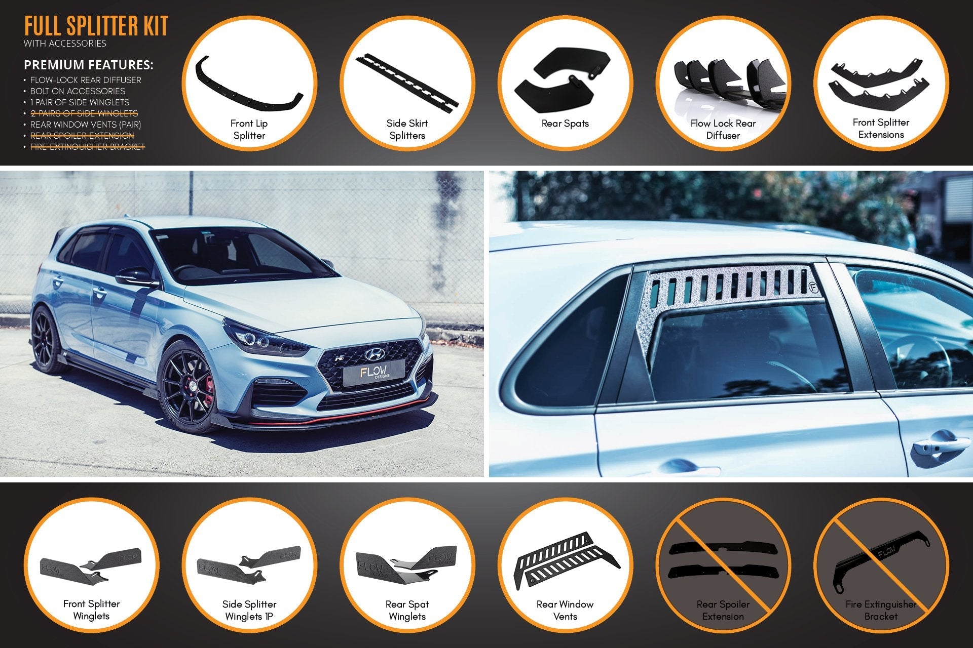 FLOW Designs  i30N Hatch PD (2018-2020) Full Lip Splitter Set - MODE Auto Concepts