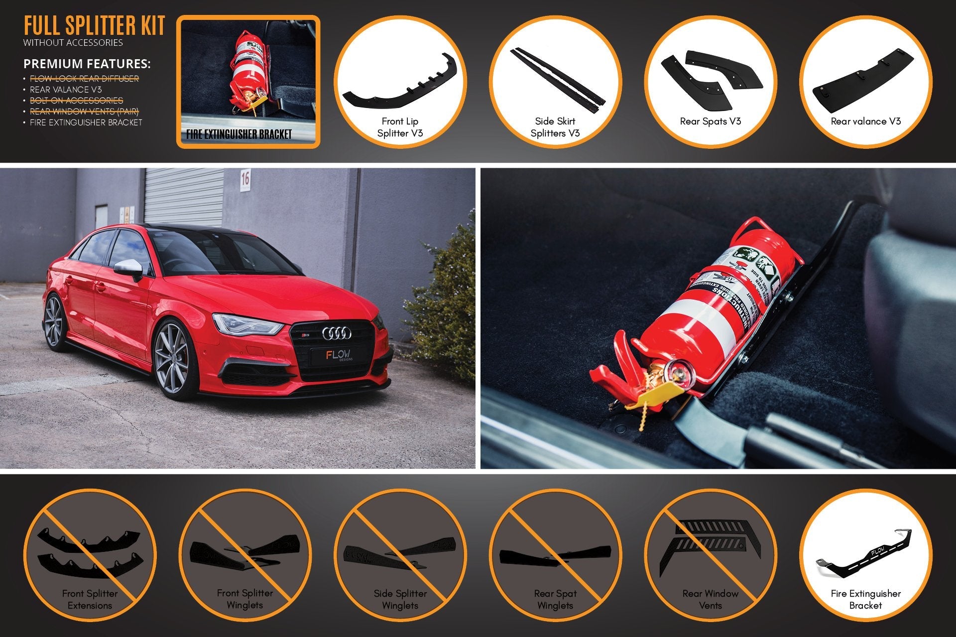 FLOW Designs  S3 8V Sedan Pre-Facelift V3 Full Lip Splitter Set - MODE Auto Concepts