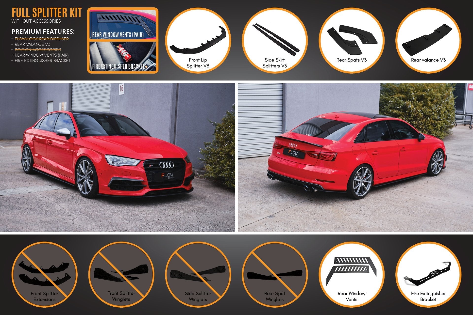 FLOW Designs  S3 8V Sedan Pre-Facelift V3 Full Lip Splitter Set - MODE Auto Concepts