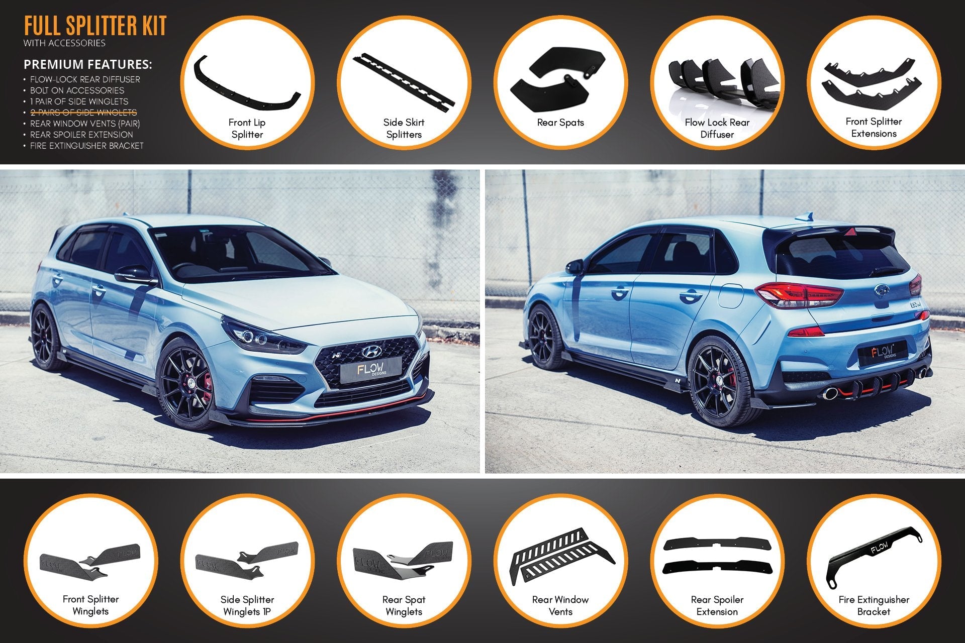 FLOW Designs  i30N Hatch PD (2018-2020) Full Lip Splitter Set - MODE Auto Concepts