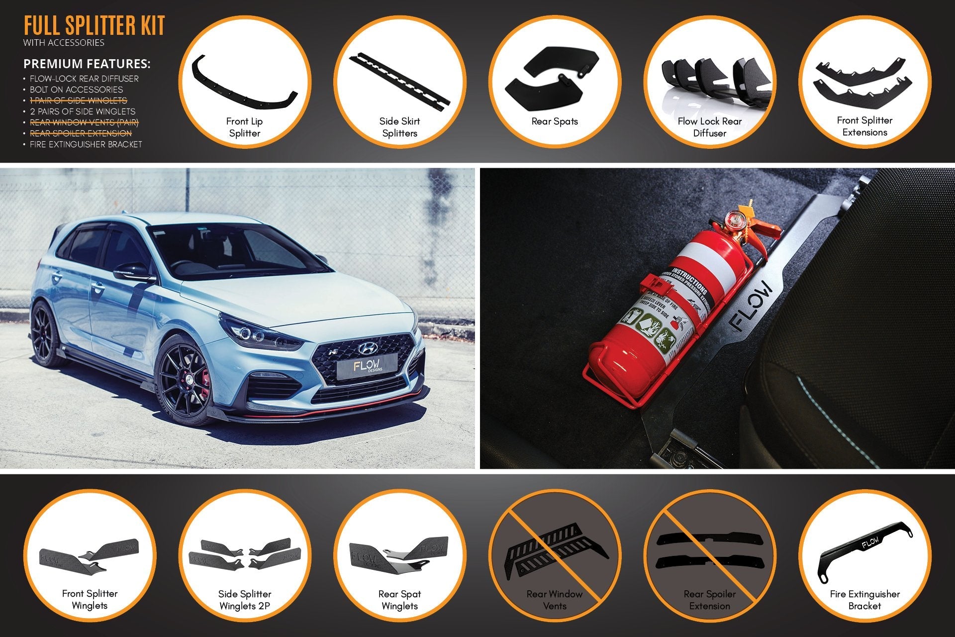 FLOW Designs  i30N Hatch PD (2018-2020) Full Lip Splitter Set - MODE Auto Concepts