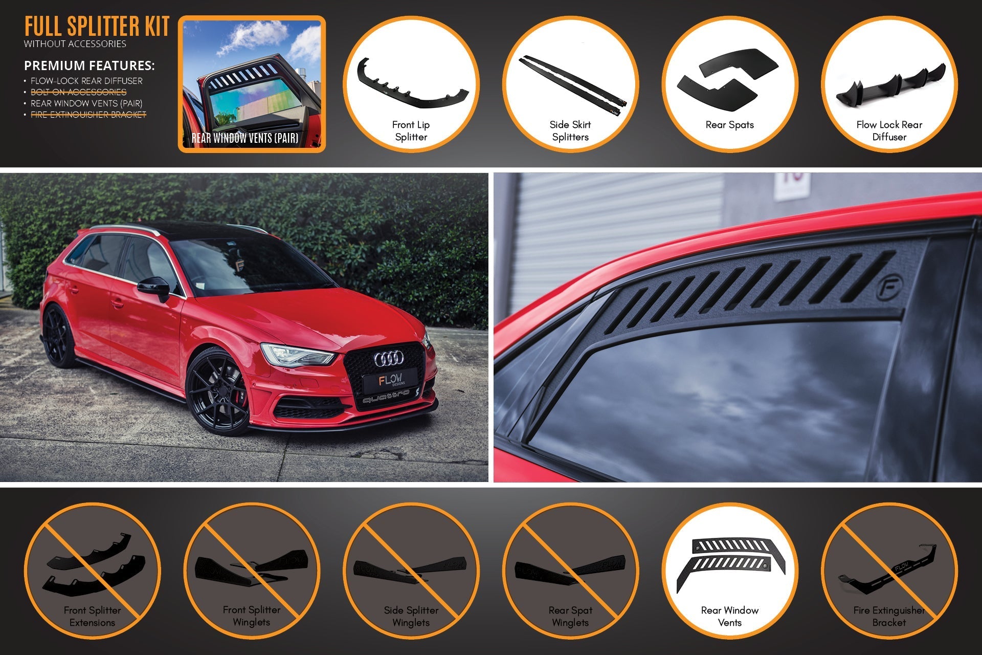 FLOW Designs  S3 8V Pre-Facelift Sportback Full Lip Splitter Set - MODE Auto Concepts