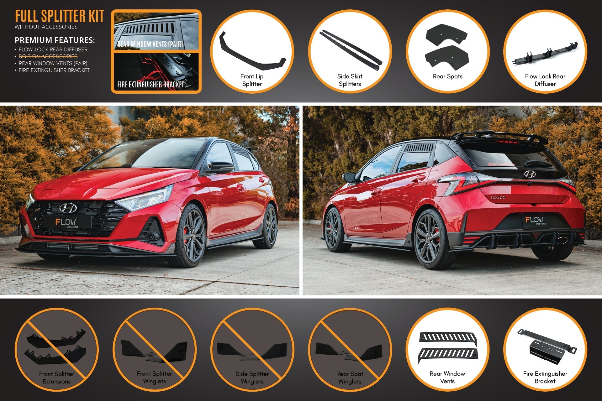 FLOW Designs  i20 N BC3 Pre-Facelift Full Lip Splitter Set - MODE Auto Concepts