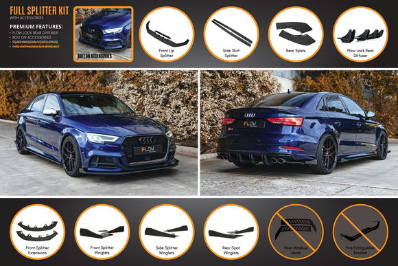 FLOW Designs  S3 8V Sedan Facelift Full Lip Splitter Set - MODE Auto Concepts