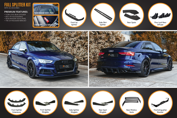 FLOW Designs  S3 8V Sedan Facelift Full Lip Splitter Set - MODE Auto Concepts