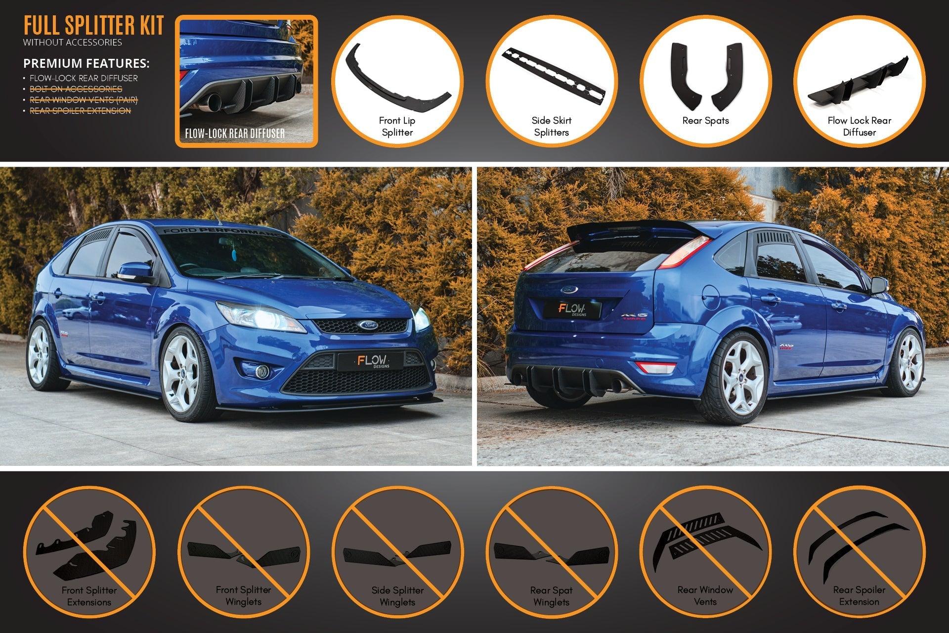 FLOW Designs  XR5 Focus Turbo V3 Full Lip Splitter Set - MODE Auto Concepts