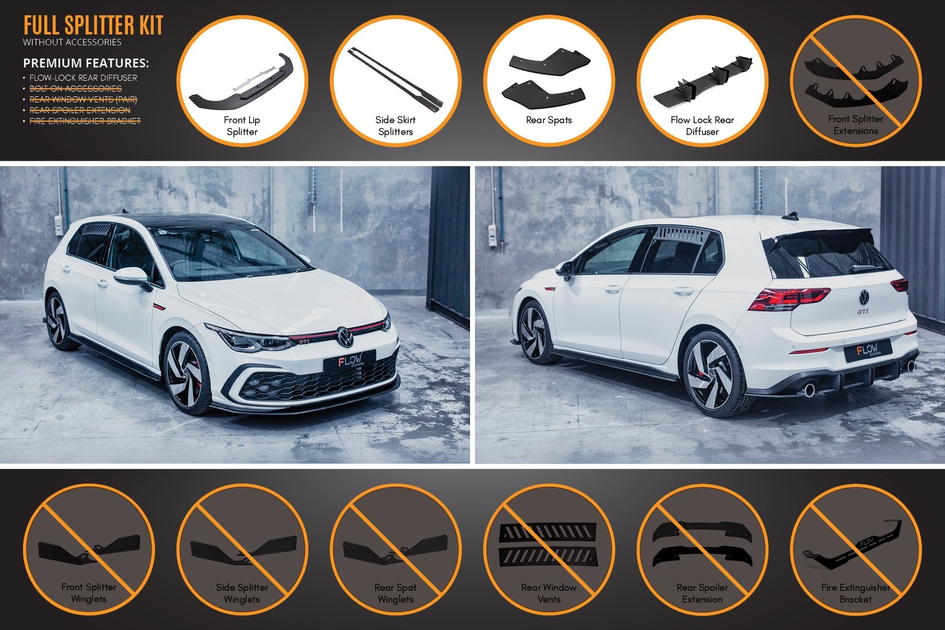FLOW Designs  MK8 Golf GTI Full Lip Splitter Set - MODE Auto Concepts