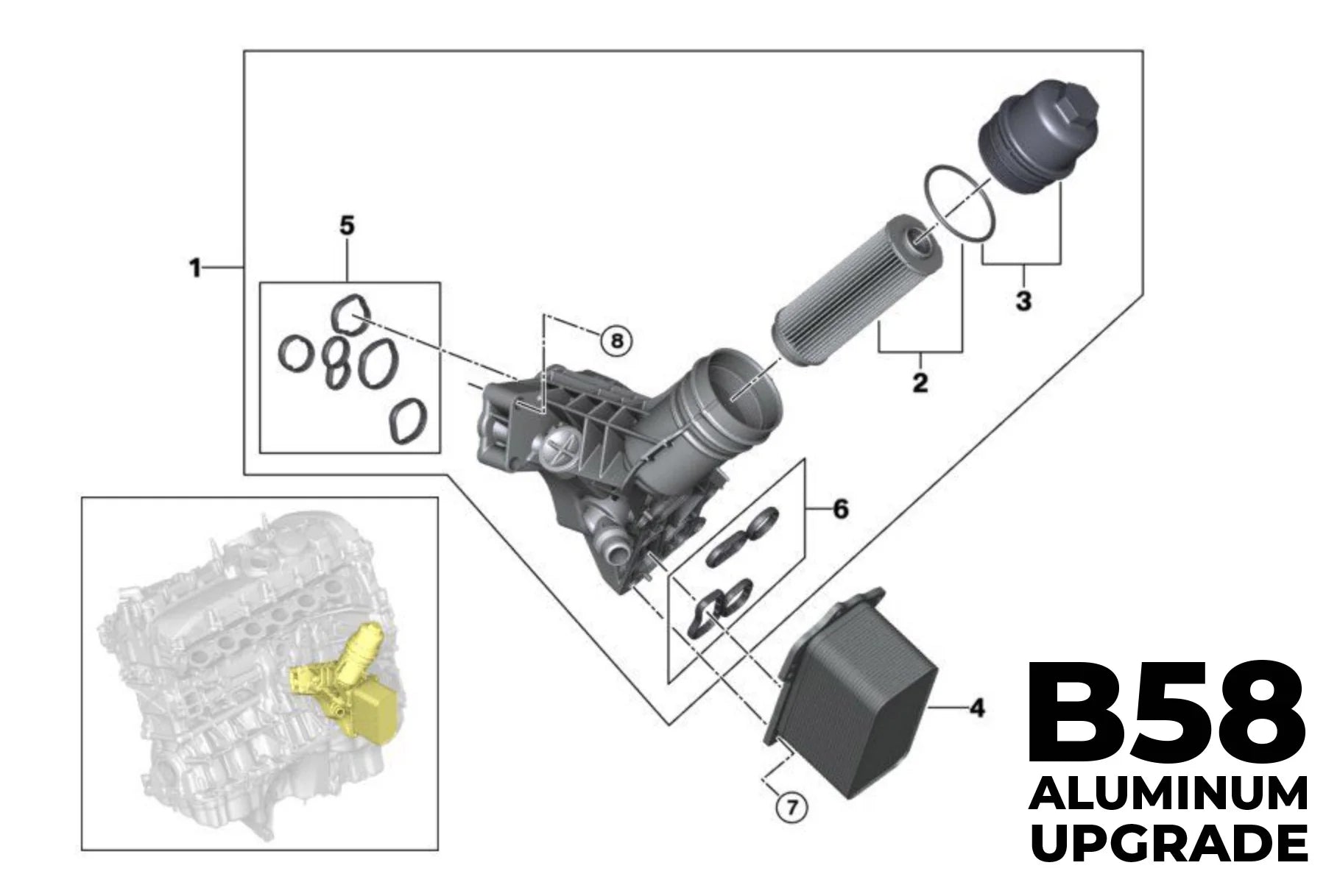 Metal Oil Filter Housing Upgrade for B58 BMW M140i F20 M240i F22 340i F30 440i F32 540i G30 740i G11 G12 inc. X-Drive (2017-Present) - MODE Auto Concepts