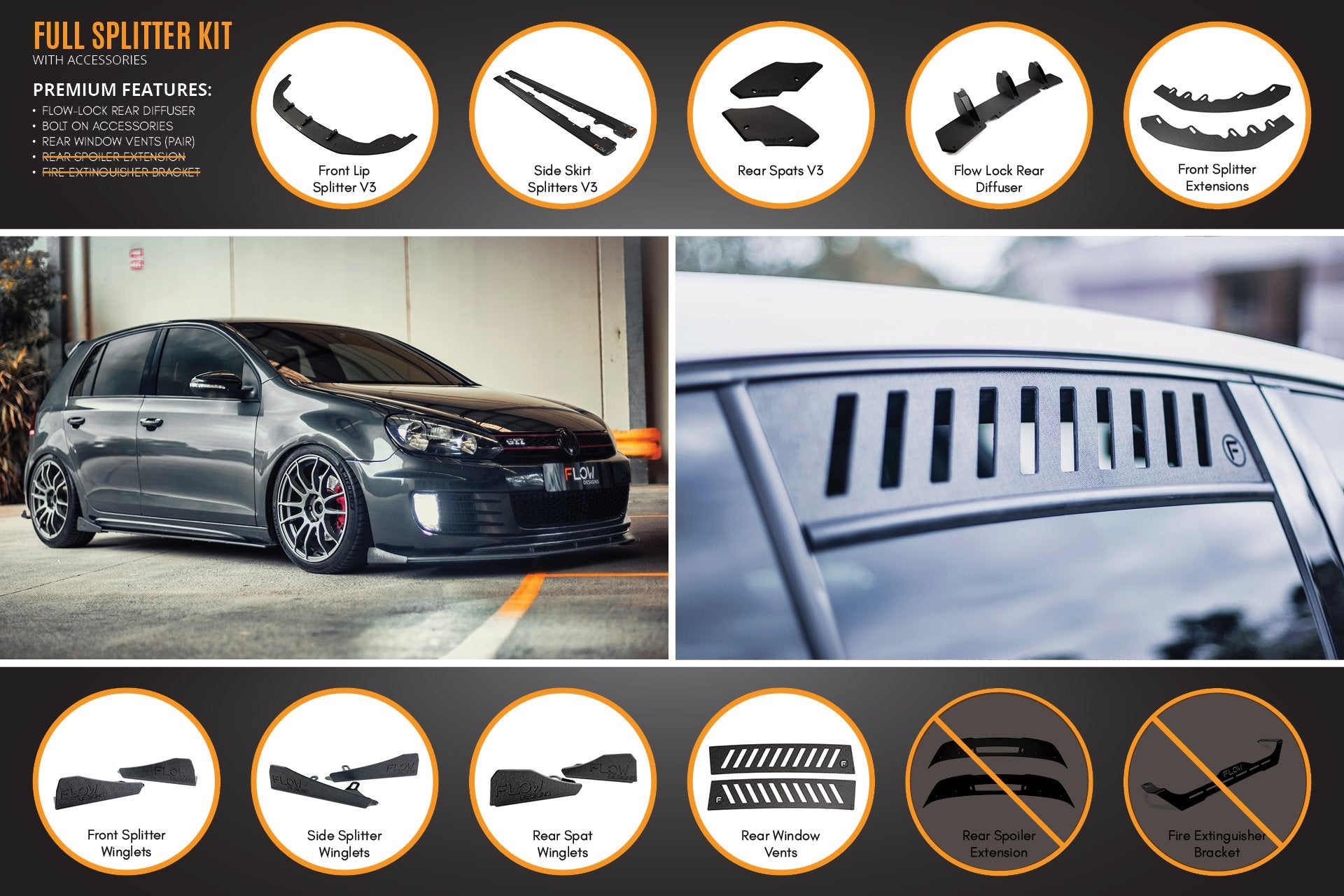 MK6 Golf GTI Full Lip Splitter Set - WITH Bolt on Accessories - MODE Auto Concepts